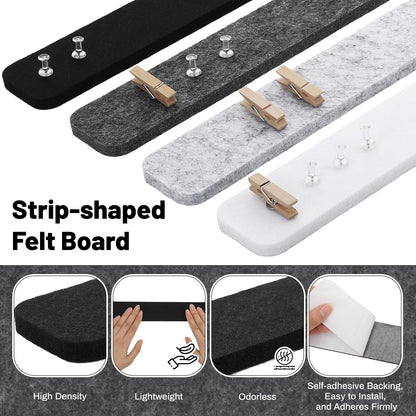 Thboxes 8 Pack Felt Bulletin Board Strips, 13x2 Inch Self Adhesive Felt Pin Boards with 50 Pushpins and 10 Wooden Clips Push Pins, Cork Board for Walls Home Office Decor(Black White Gray)