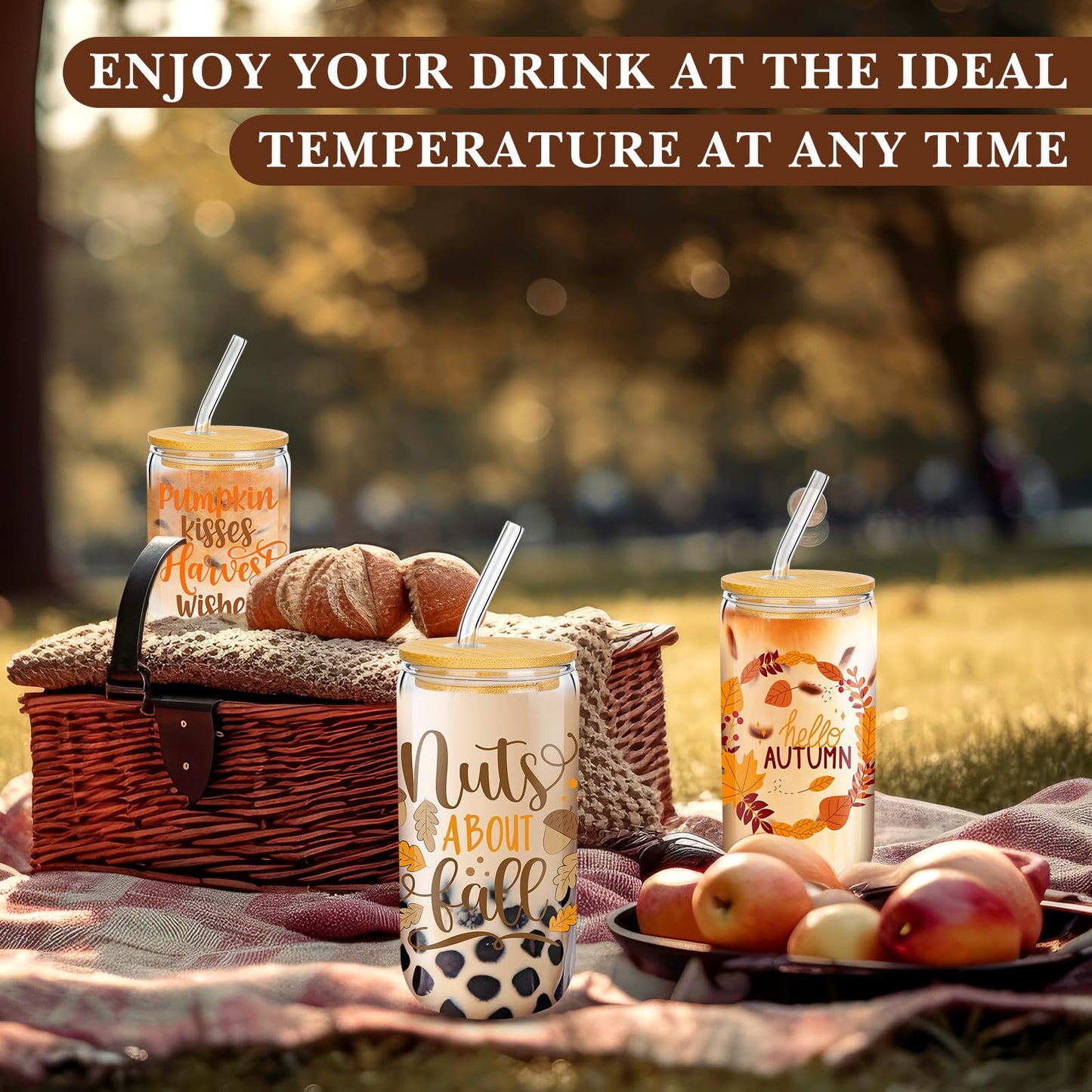 Umigy 12 Pack Fall Drinking Glasses Bulk 16oz Fall Ice Coffee Cups Pumpkin Glass Mug Jars with Bamboo Lid Straw Halloween Cups Thanksgiving Glassware Drinking Tumbler for Autumn Harvest Gifts