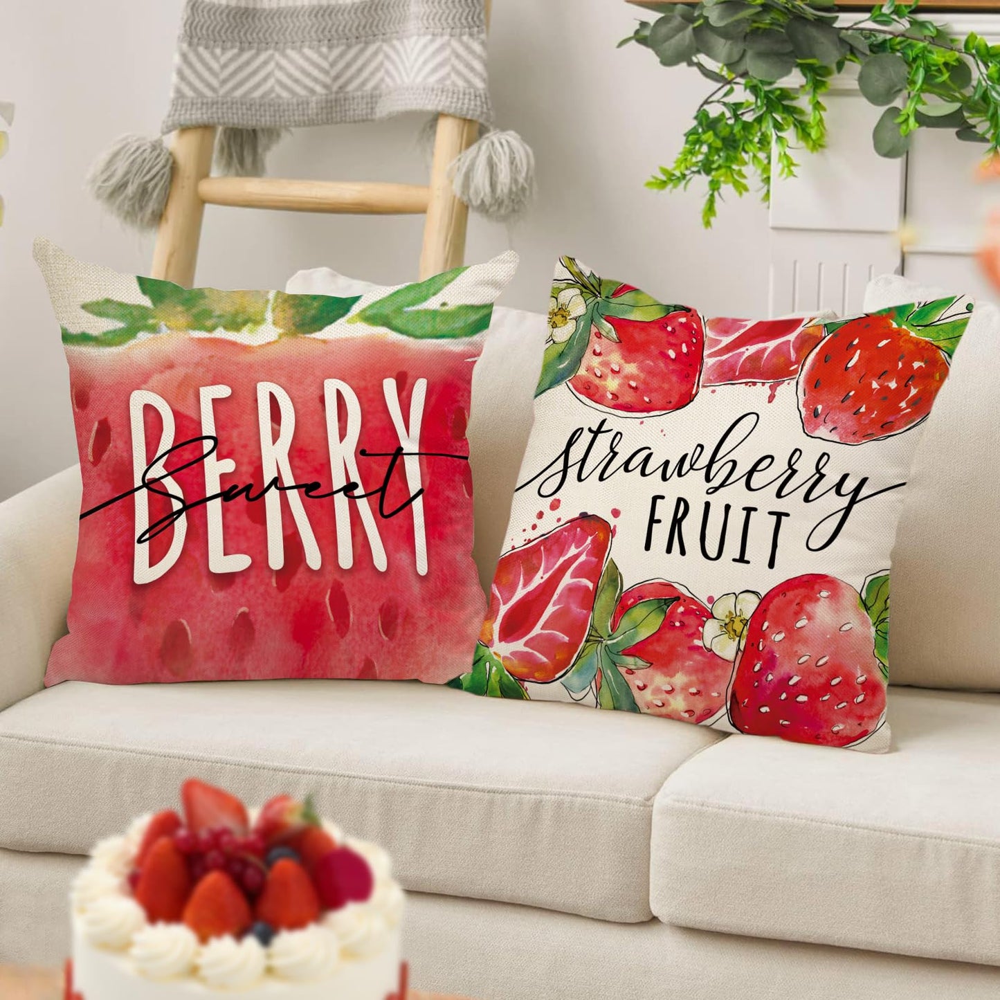 Ussap Spring Summer Strawberry Decorative Throw Pillow Covers 20 x 20 Set of 4, Life is Sweet Red Fruit Cushion Case Decor, Sweet Berry Seasonal Home Decoration for Sofa Couch
