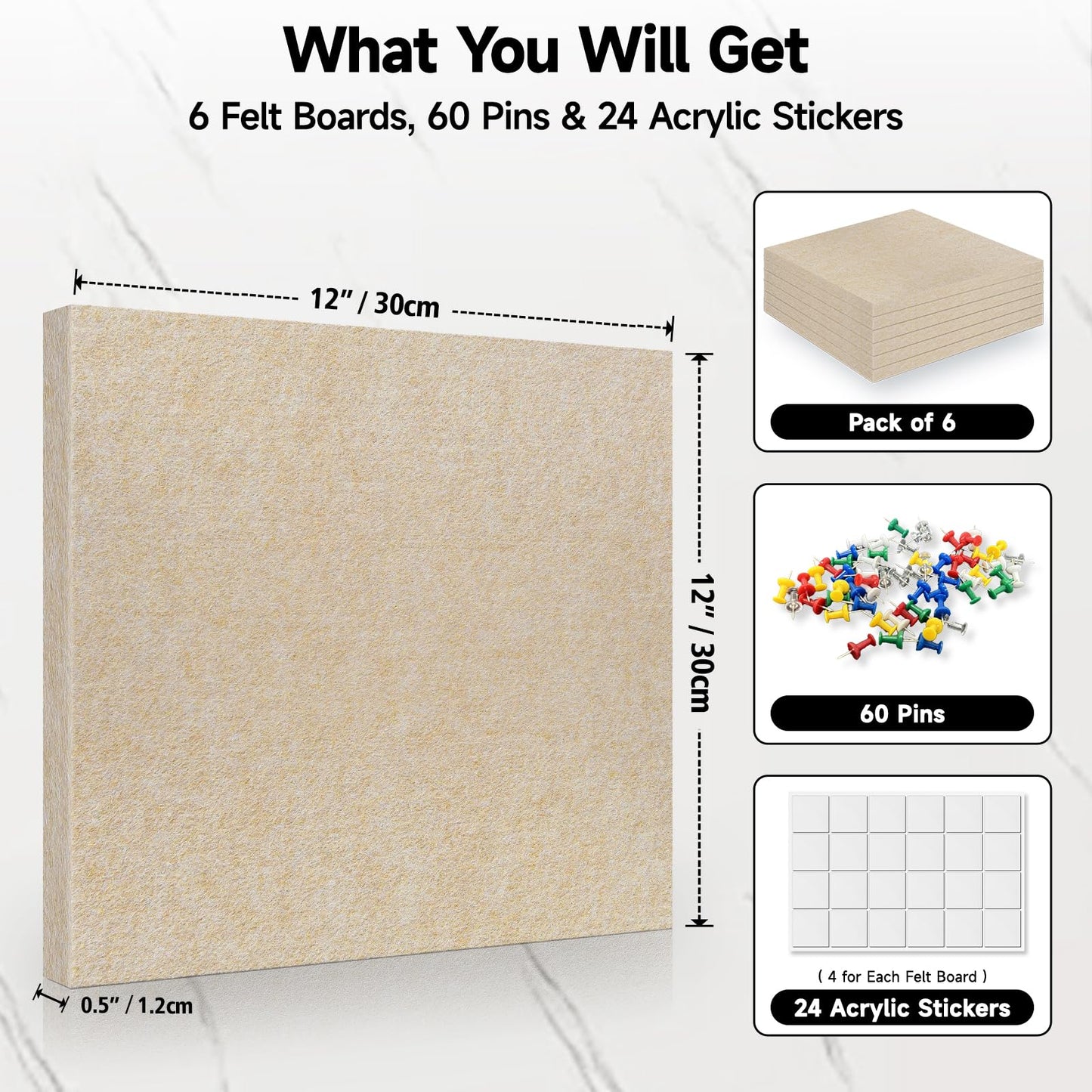 ANLIOTE 6 Pack Cork Board Felt Bulletin Board with 60 Push Pins, 1/2" Thick Pinboard Square Tiles for Wall Organizer - Home Office Classroom Decor, Photo Display, Memo Board (11.8"x11.8"- Beige)