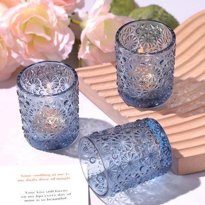 Lanttu Blue Votive Candle Holder Set of 12, Flower Tea Lights Candles Holders for Wedding Table Centerpieces, Birthday Parties, Home Decor, Blue Bridal Shower and Holiday Decorations