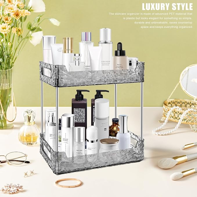 2-Tier Bathroom Counter Organizer Countertop Storage, Dresser Organizer Vanity Tray for Makeup, Perfume Organizer Cosmetics Skincare Shelf - Grey