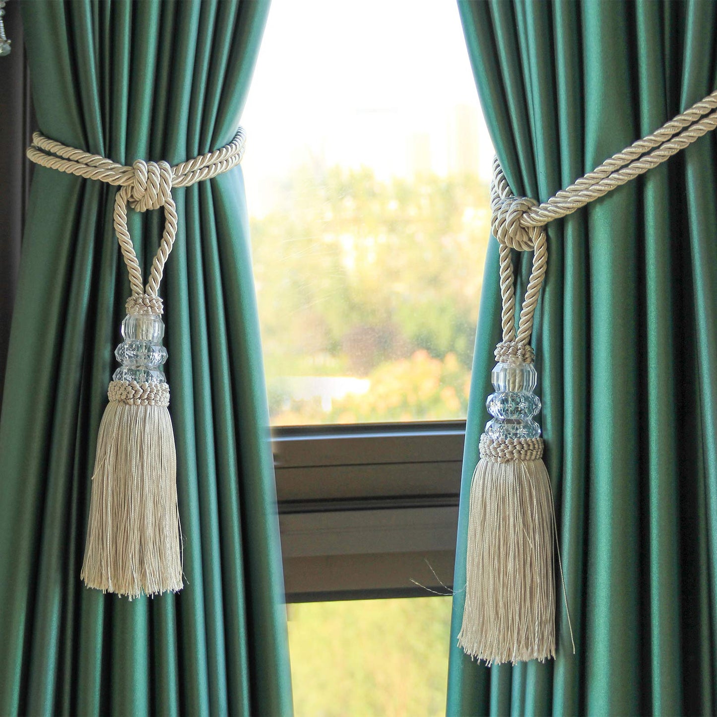 Fenghuangwu Tassel Curtain Tiebacks Handmade Curtain Tie Backs, Elegant Crystal Curtain Holdbacks for Home Office Decor (Beige, 2P)
