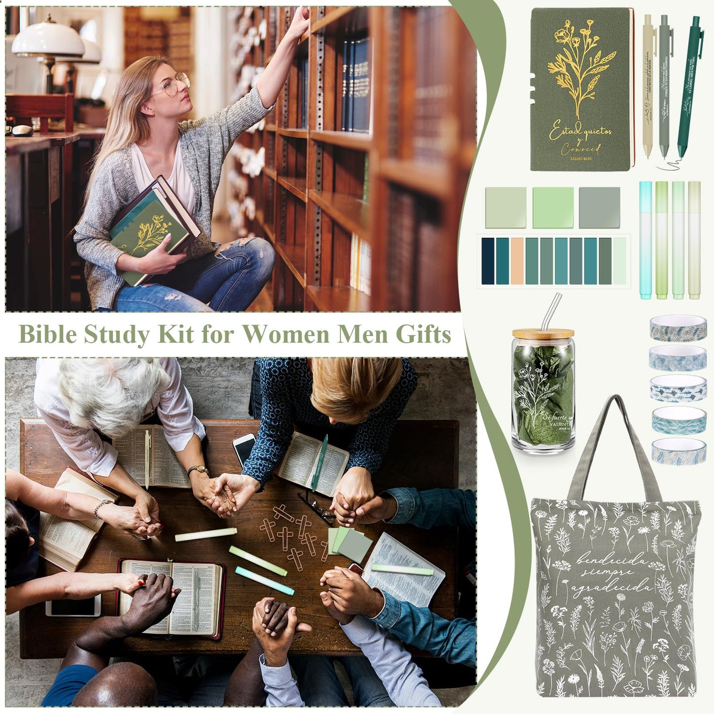 Singhoow 29 Pcs Bible Journaling Kit Regalos Cristianos En Español 16 oz Glass Cup Canvas Bag Leather Libretas Cristianas En Español Highlighter Pen Sticky Note Tapes for Church Fathers Day