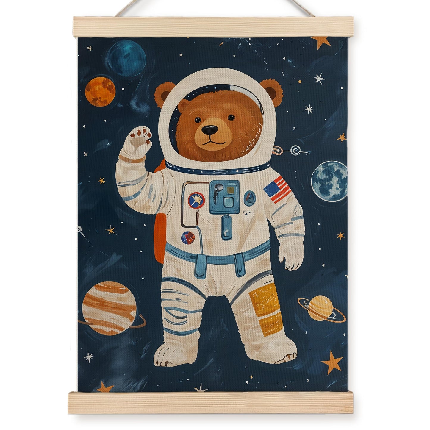 URLLUAE Astronaut Bear Space Wall Art Posters for Kids Room, Cute Outer Space Planet Poster Hanger Frame for Boys Bedroom Classroom Nursery Playroom Wall Decor, 12x16 Inch