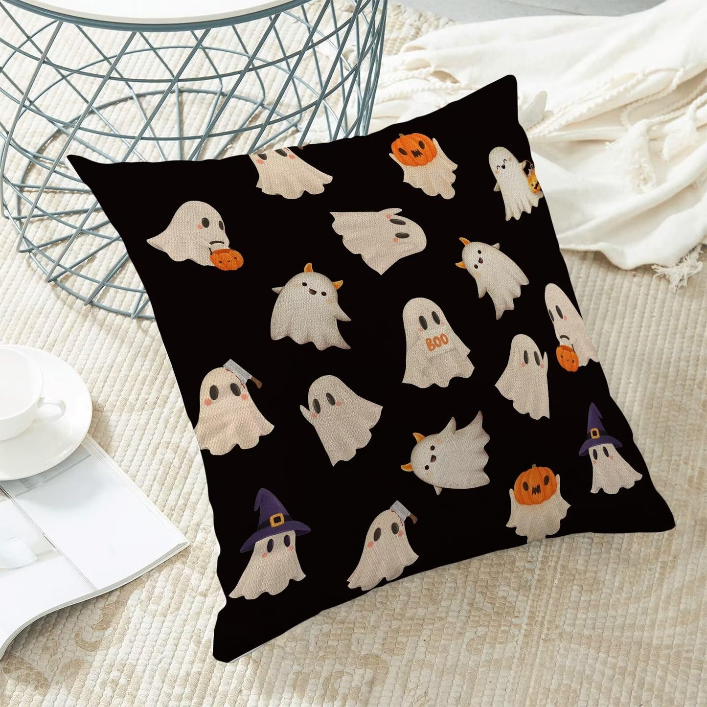 Jecuwo Halloween Pillow Covers 16x16 Inch Set of 2, Happy Halloween Funny Ghost Pumpkin Decorative Throw Pillowcase Black and White Ghost Cushion Cover for Sofa Couch Living Room Bed Decor