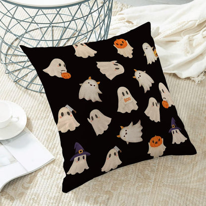 Jecuwo Halloween Pillow Covers 16x16 Inch Set of 2, Happy Halloween Funny Ghost Pumpkin Decorative Throw Pillowcase Black and White Ghost Cushion Cover for Sofa Couch Living Room Bed Decor