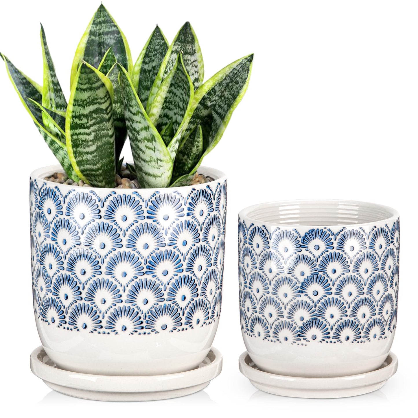 Ceramic Planter Pots for Indoor Outdoor, 5+6 inch Round Flower Pots with Drainage Hole and Tray, Blue and White Plant Pots for Succulent Orchid Flower, Gardening Home Desktop Office Use(Set of 2)