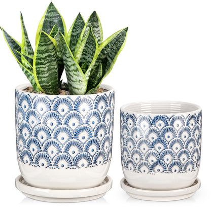 Ceramic Planter Pots for Indoor Outdoor, 5+6 inch Round Flower Pots with Drainage Hole and Tray, Blue and White Plant Pots for Succulent Orchid Flower, Gardening Home Desktop Office Use(Set of 2)
