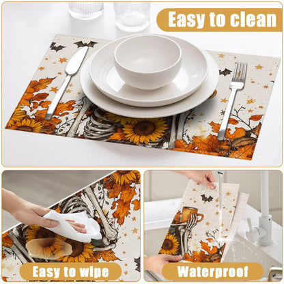 Fall Skull Sunflower Placemats Set of 6, Halloween Bat Linen Place Mat Washable Stain Resistant Table Mats for Farmhouse Kitchen Dining 12x18 Inch