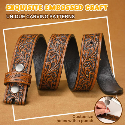 SANSTHS Kids Western Belt without Buckle Genuine Leather Boys Girls Belt Strap Cowgirl Cowboy Belts for Jeans Western Gifts, Embossed Leaf/Brown