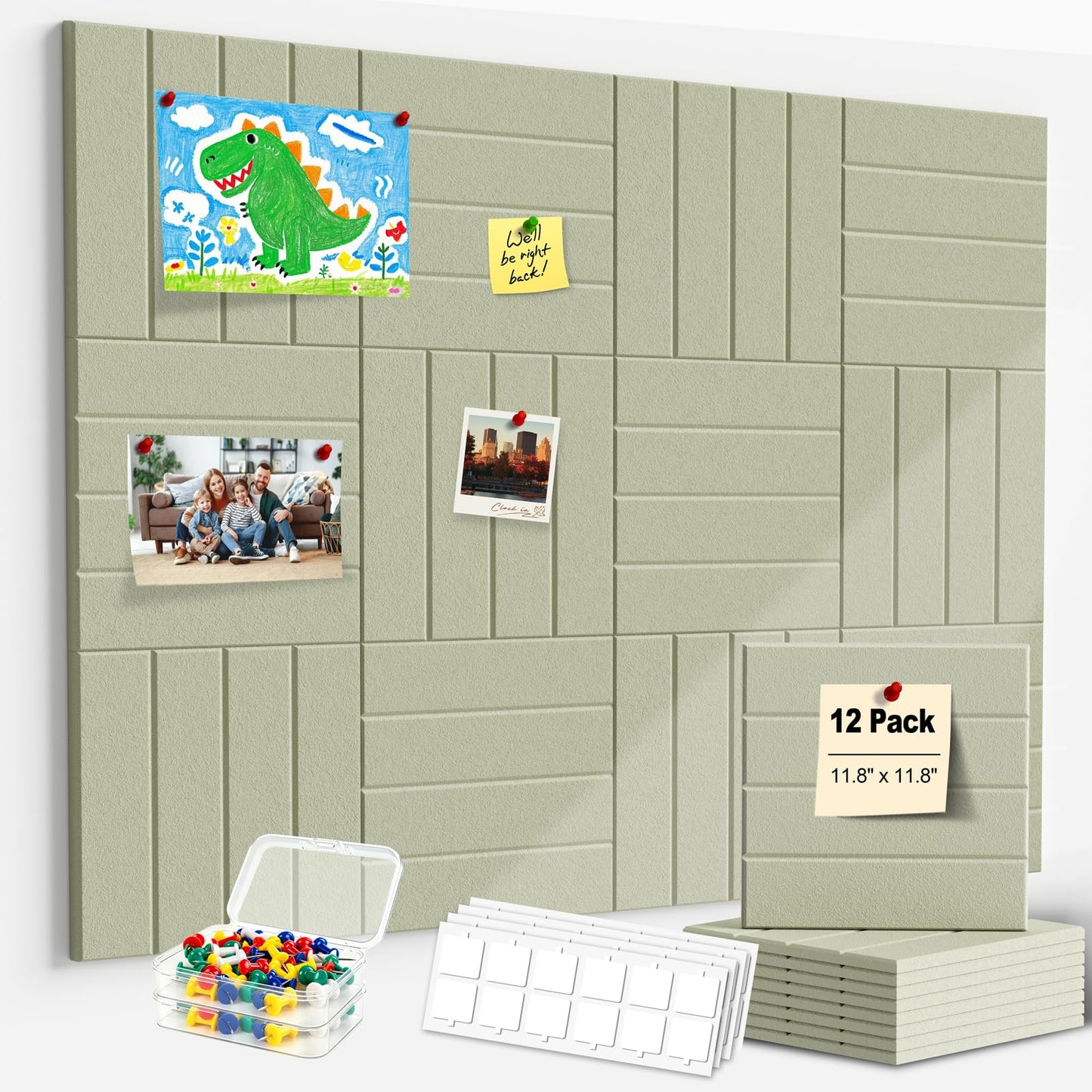 Sesiyoiu 12-Pack Felt Bulletin Board, 47.2" x 35.4" Large Cork Board Alternative for Walls Decor, with 60 Pushpins, 70 Damage-Free, Thick Pin Board for Office, Home, Classroom - Sage Green