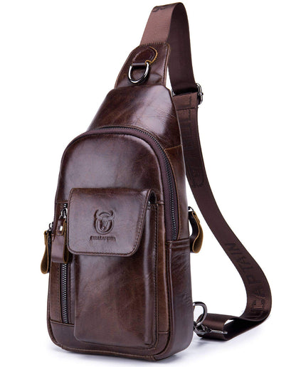 BULLCAPTAIN Mens Leather Crossbody Bag Shoulder Sling Bag Casual Daypacks Chest Bags for Travel Hiking Backpacks (Coffee)