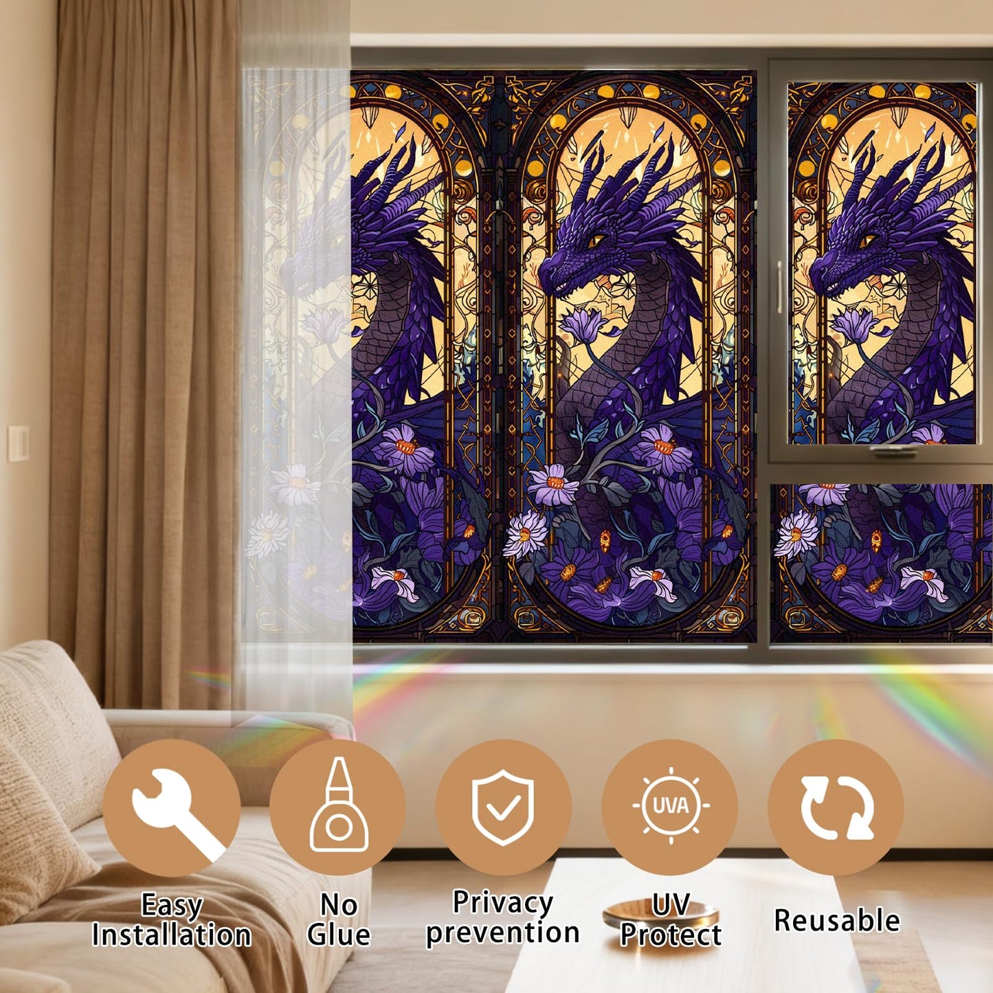 Nuxovilar Stained Glass Window Film Dragon Floral Pattern PVC 17.7 x 39.4 Inches Window Clings for Glass Panel Privacy Decor for Game Room Study Entry Door