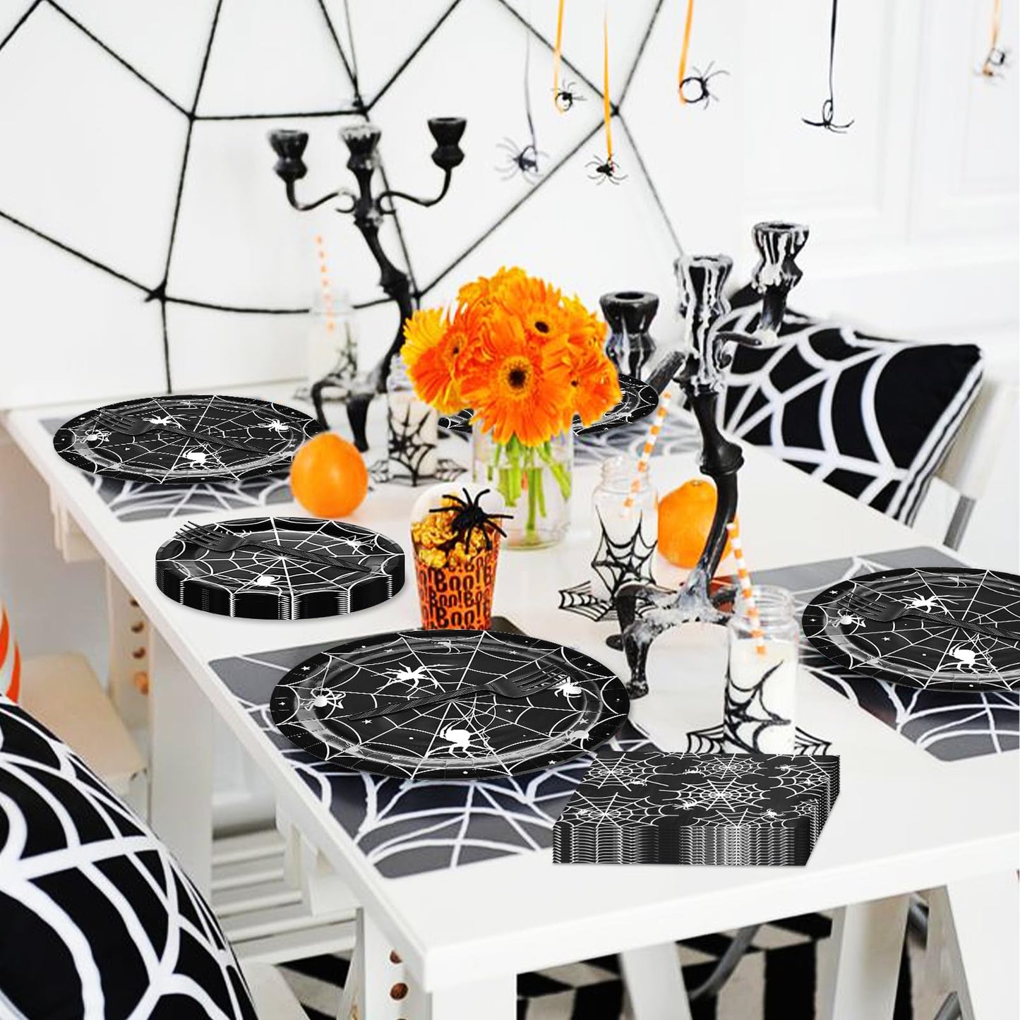 96 Pieces Halloween Spider Web Tableware Set Party Supplies – Disposable Plates, Napkins, and Forks, Black and White Spider Design for Halloween Haunted House Trick or Treat Event, Serves 24 Guests