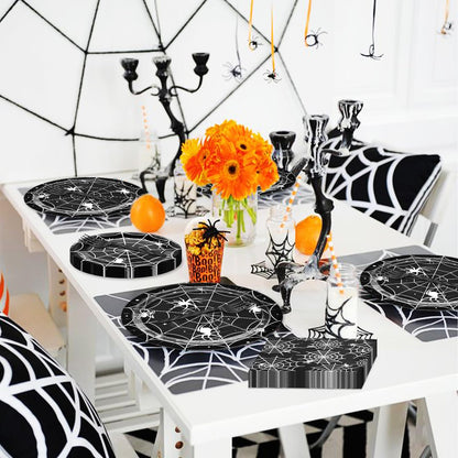 96 Pieces Halloween Spider Web Tableware Set Party Supplies – Disposable Plates, Napkins, and Forks, Black and White Spider Design for Halloween Haunted House Trick or Treat Event, Serves 24 Guests