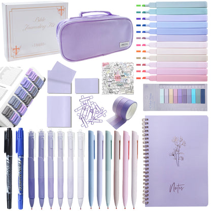 J6&H6 170Pcs Complete Bible Study Supplies Journaling Kit with Tabs, Highlighters and Color Pens, Notebook,Stickers & More Bible Accessories Set for Women, Beginner Christian Gifts(Purple)