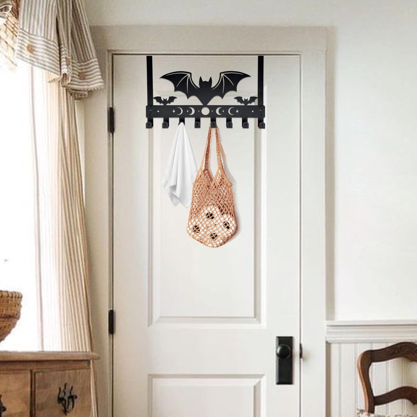 Gothic Bat Over The Door Hooks - 8-Hook Set with Moon Phase & Cross Design for Halloween Spooky Bathroom Decor | Metal Towel Hanger for Goth Home Accessories | Halloween Gothic Wall Organizer