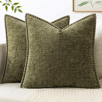 MIULEE Pack of 2 Couch Throw Pillow Covers 20x20 Inch Olive Green Farmhouse Decorative Pillow Covers with Stitched Edge Soft Chenille Solid Dyed Pillow Covers for Sofa Bed Living Room