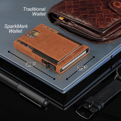 SparkMark Minimalist Pop Up Wallet for Men | RFID Blocking Credit Card Holder Wallet | Mens Wallet Slim Front Pocket Metal Case with Gift Box (Genuine Full Grain Soft Leather)
