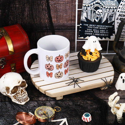 JarThenaAMCS Halloween Mug Retro Pumpkin Bow Coffee Mug Orange Pink Groovy Ceramic Drinking Cup for Halloween Fall Party Supplies Table Centerpieces, 12 Oz