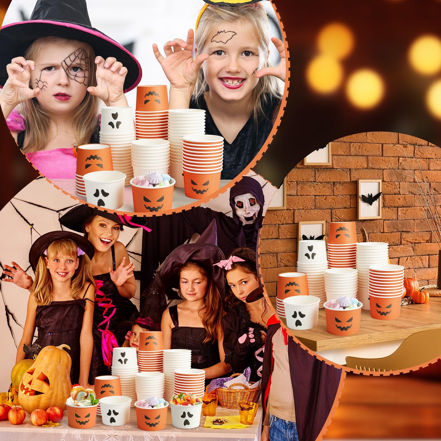 Uiifan 150 Pcs Halloween Treat Snack Cups 8 Oz Disposable Pumpkin Ghost Bowls Spooky Disposable Paper Cup White Orange Paper Cup Dessert Ice Cream Bowls Food Tasting Cups for Halloween Party Supplies