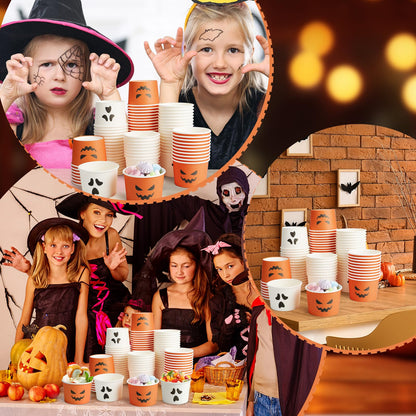 Uiifan 150 Pcs Halloween Treat Snack Cups 8 Oz Disposable Pumpkin Ghost Bowls Spooky Disposable Paper Cup White Orange Paper Cup Dessert Ice Cream Bowls Food Tasting Cups for Halloween Party Supplies