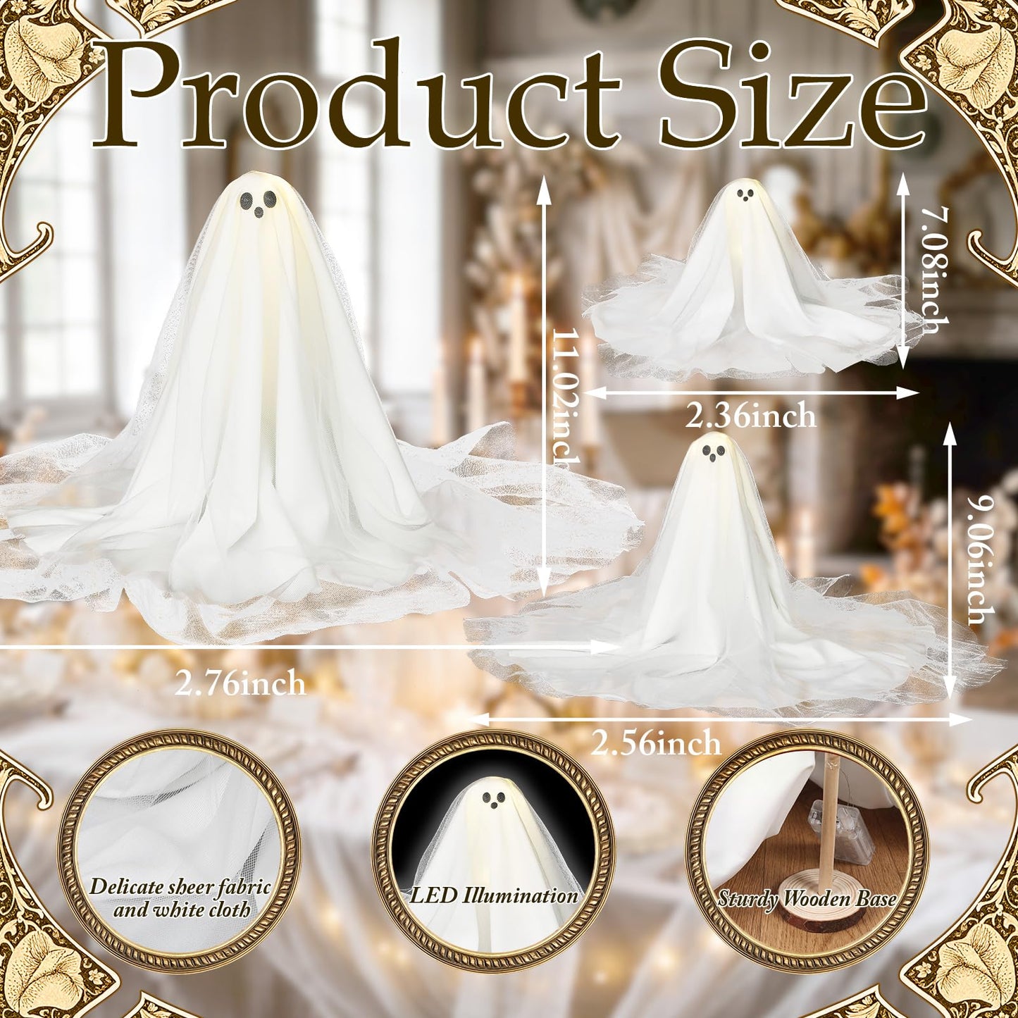 Woanger 3 Pieces Lighted Halloween Ghost Table Decor with LED Light Strip White Spooky Ghost Tabletop Lamp on Wooden Base for Indoor Halloween Party Mantel Shelf Home Decorations