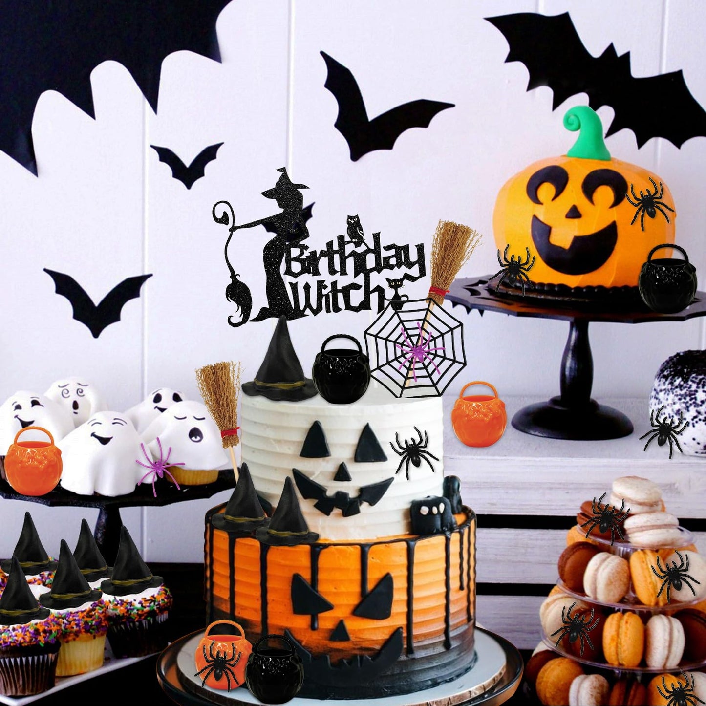 Morofme 13pcs Witch Cake Topper Halloween Cake Decoration Halloween Witch Cakes Decorations Black Themed Cupcake Toppers Hat Broom Spider Web Glitter Happy Birthday Decor for Scary Party Supplies