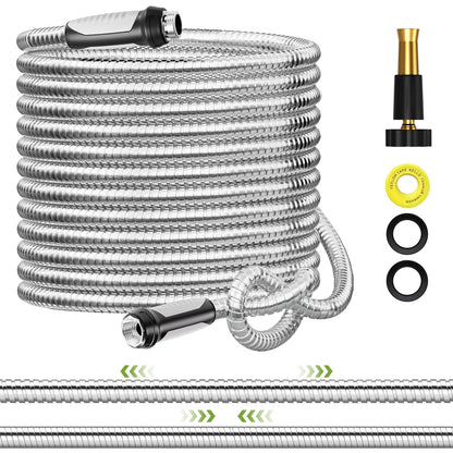 SPECILITE Expandable Garden Hose 50 FT, 304 Stainless Steel Heavy Duty Metal Water Pipe with Adjustable Nozzle - Flexible, Kink Free, Leak-Proof, Lightweight, for Outdoor, Yard, Lawn, Car Washing