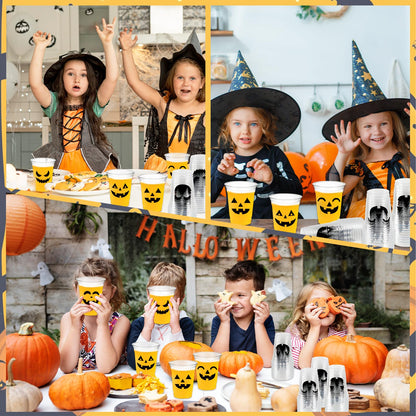 CUPLOOV 50 Pack Halloween Plastic Cups Clear 12Oz Disposable Pumpkin Cups With 5 Styles Patterns for Kids Adults Party Favors, Coffee, Wine, Hot and Cold Drinks