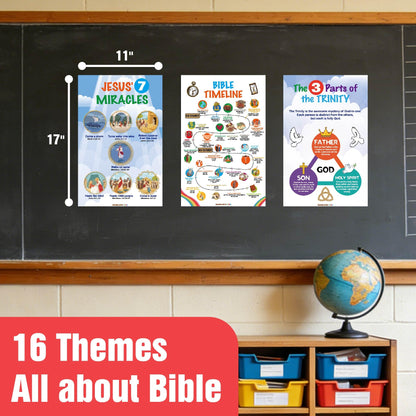 EDUMAETRIX Bible Educational Wall Posters Set, 16 Religious Posters 11x17 inches with 1 Large Story Map 22x34 inches, Christian Religious Poster for Sunday School Church Decoration Flat Packaging