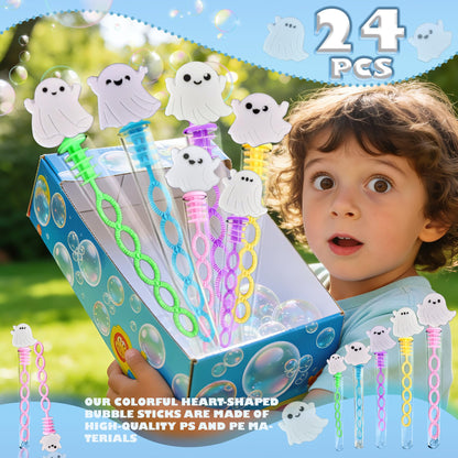 24 Packs Bulk Mini New Halloween Ghosts Shape Bubble Wands, Boys and Girls Holiday Party Favors Student Halloween Party Supply