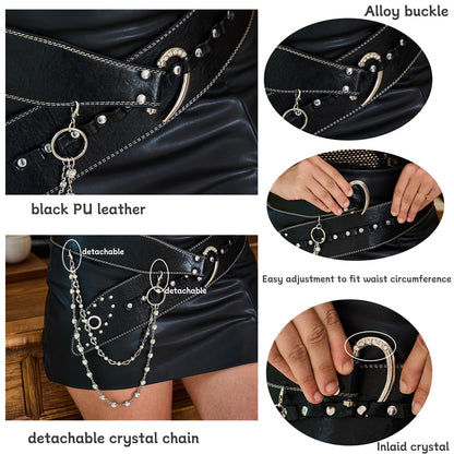 VQYVRZC Goth Belt for Women Wide Black Punk Accessory Studded Rivets with Detachable Crystal Waist Chain Rock Rave Emo Style