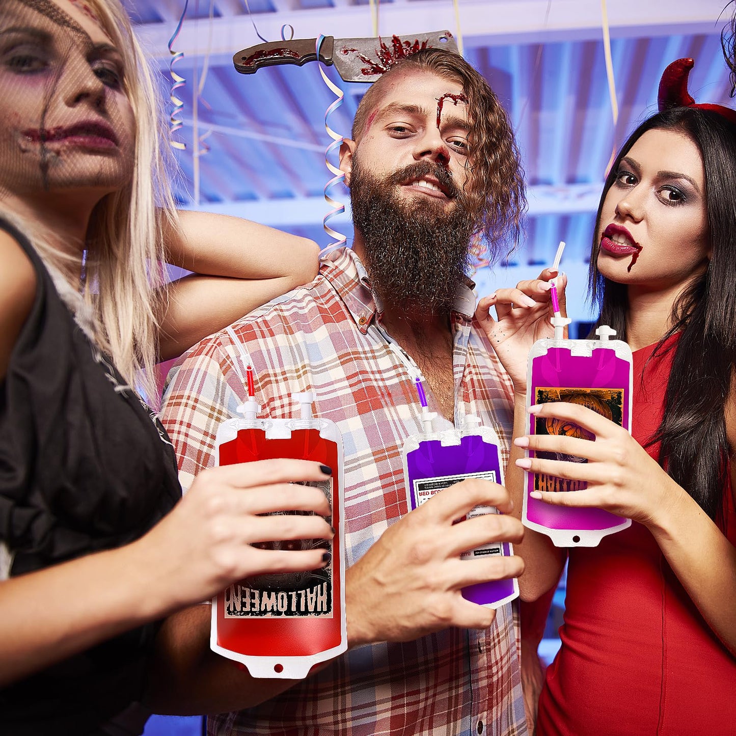 MGparty 48 Packs Halloween Blood Bags for Drink Halloween Party Decoration Drink Pouches Juice Containers for Zombie Vampire Theme Party Props (48pcs Bags, 48 Clips, 3 Syringes)