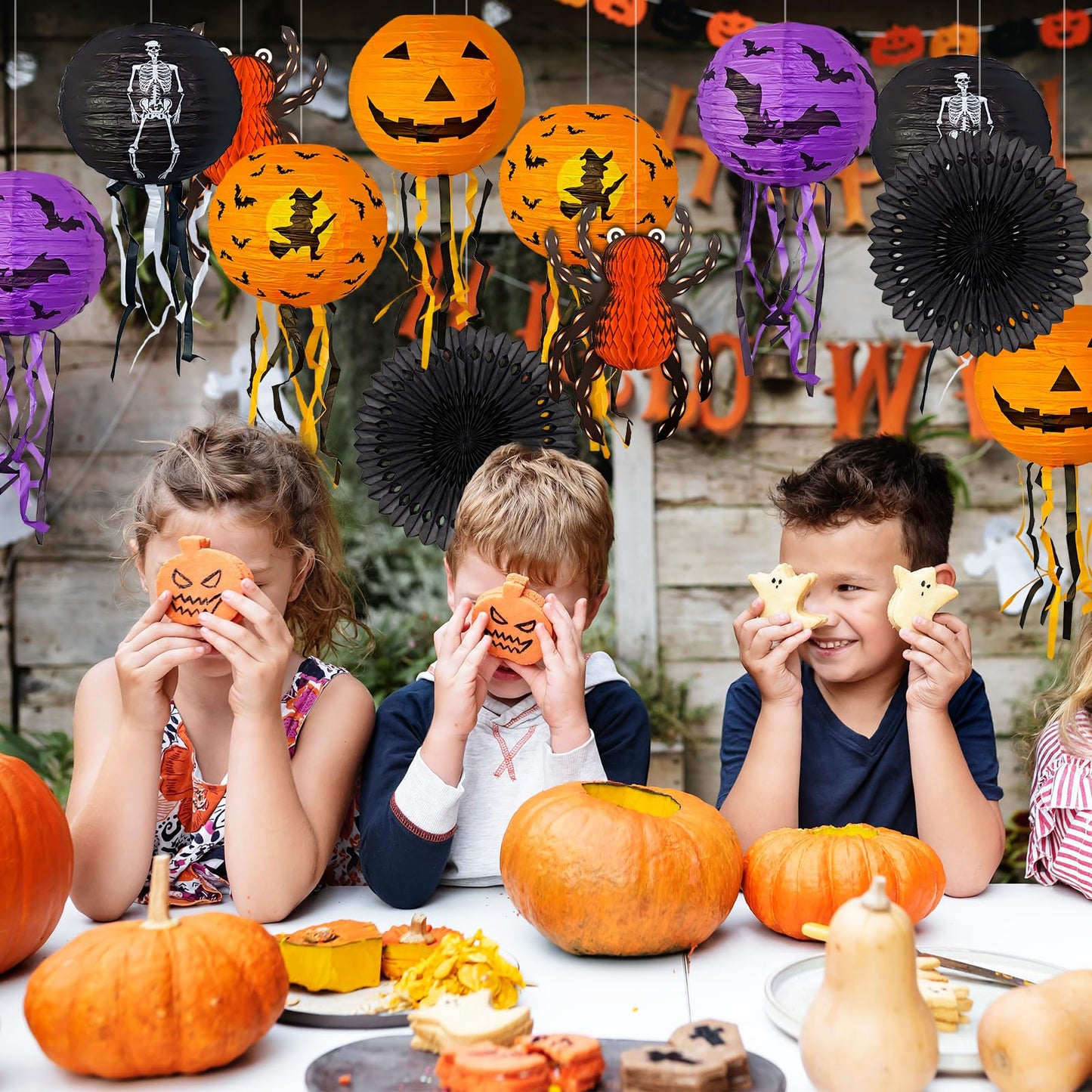 12Pcs Halloween Decorations Paper Lanterns with Led Lights, Hanging Pumpkin Bat Skeleton Lanterns Spider for Indoor & Outdoor Spooky Home Decor Halloween Party Supplies Props 10" 12"