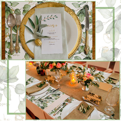 Sumind 50 Pcs Disposable Paper Placemat Greenery Eucalyptus Table Mat for Wedding Party 12 x 16" Summer Dinner Place Mat Rustic Farmhouse Dinnerware for Kitchen Baby Shower Birthday Tea Party