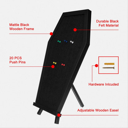 Gothvanity Coffin Pin Display Board - Wooden Felt Bulletin Board for Table Top or Wall - Gothic Decor for Home, Office and School - 17 x 11 Inches - Black