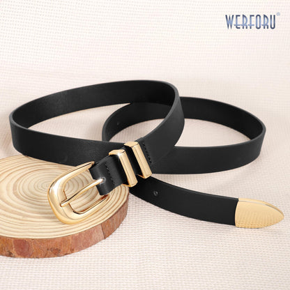 WERFORU Women Leather Belt Fashion Leather Waist Belt for Pants Jean Ladies Western Thin Belt with Gold/Silver Buckle （Fit Waist Size 31"-36",Black-Gold Buckle