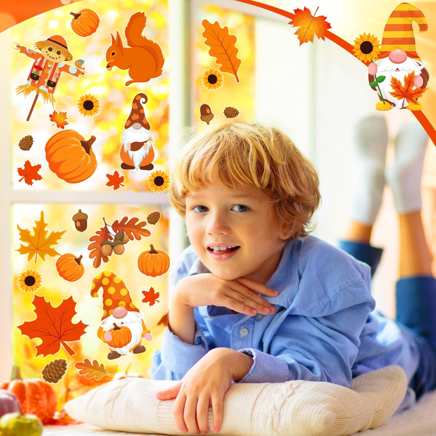 Motipuns 2 Sheet 64 Pcs Thanksgiving Gel Window Clings Fall Thick Gel Cling Removable Reusable Autumn Harvest Window Sticker Pumpkin Maple Leaves Gnome Decal for Glass Classroom Fall Party Decor