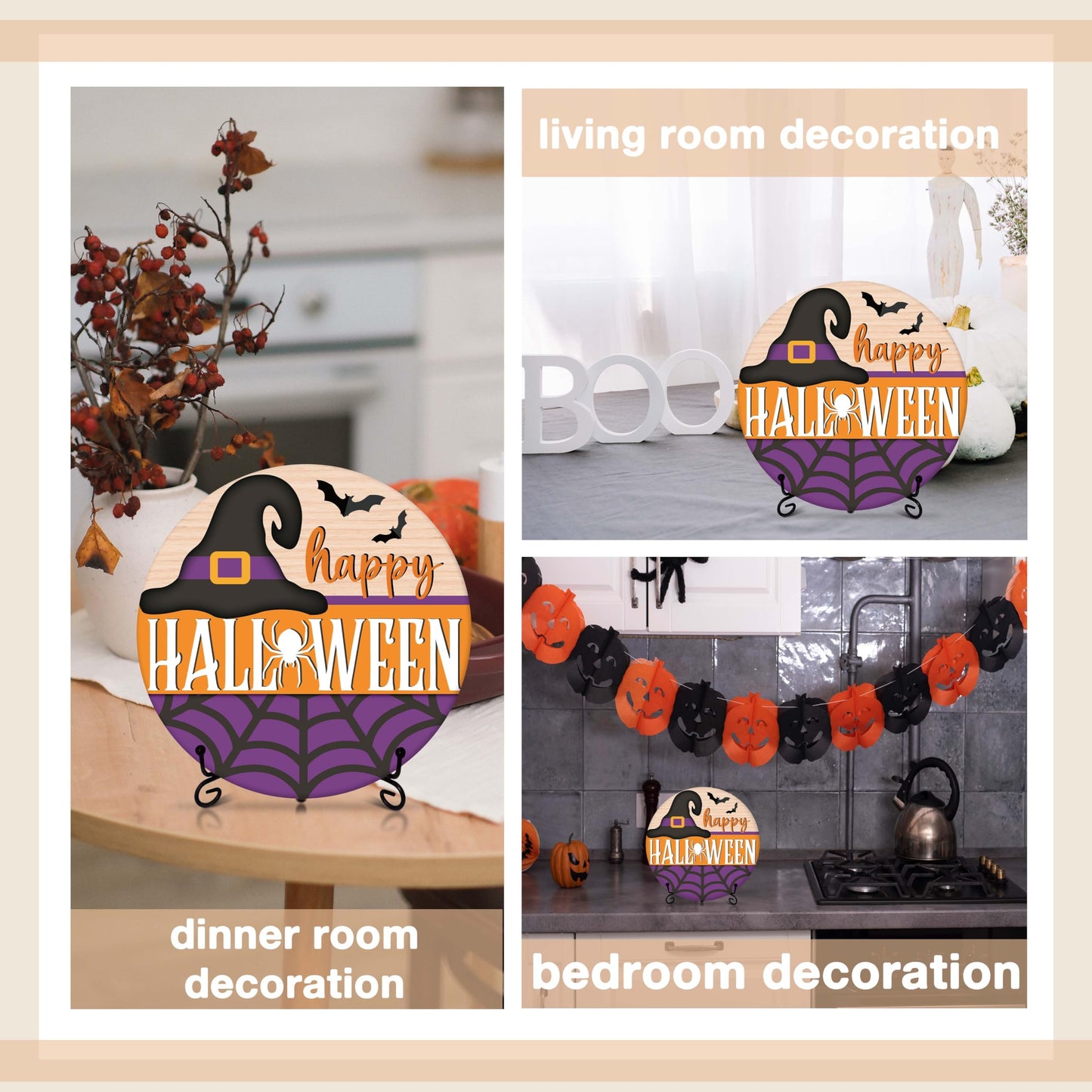 Seclate Halloween Desk Decorations for Home, Witch Hat Wooden Table Centerpieces for Office Living Room Shelf Decor, Spider Web Gifts for Women Friends - E07