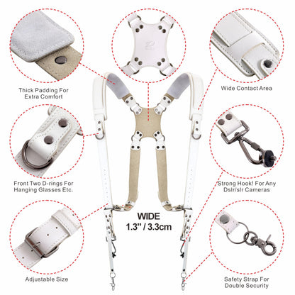 Padwa Lifestyle White Dual Camera Harness for Two Cameras - Wide Strap with Thick Shoulder Padded,Full Grain Leather Double Harness,Multi Camera Gear for DSLR Strap for Photographers