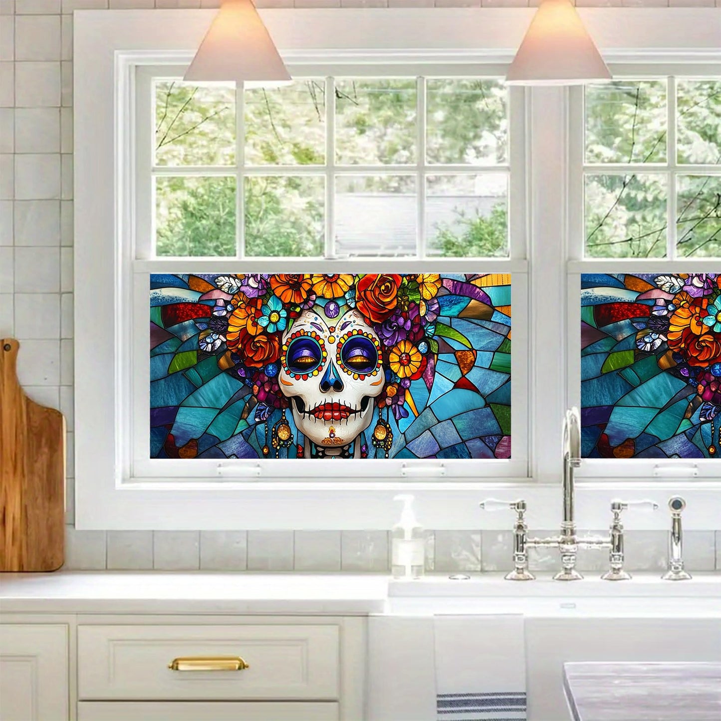 HOMETITUTE Day of The Dead Window Film 39.3x17.7 Inch Sugar Skull Cling Dia de Los Muertos Gothic Halloween Window Sticker for Glass Decor Calavera Removable Window Art for Home Office