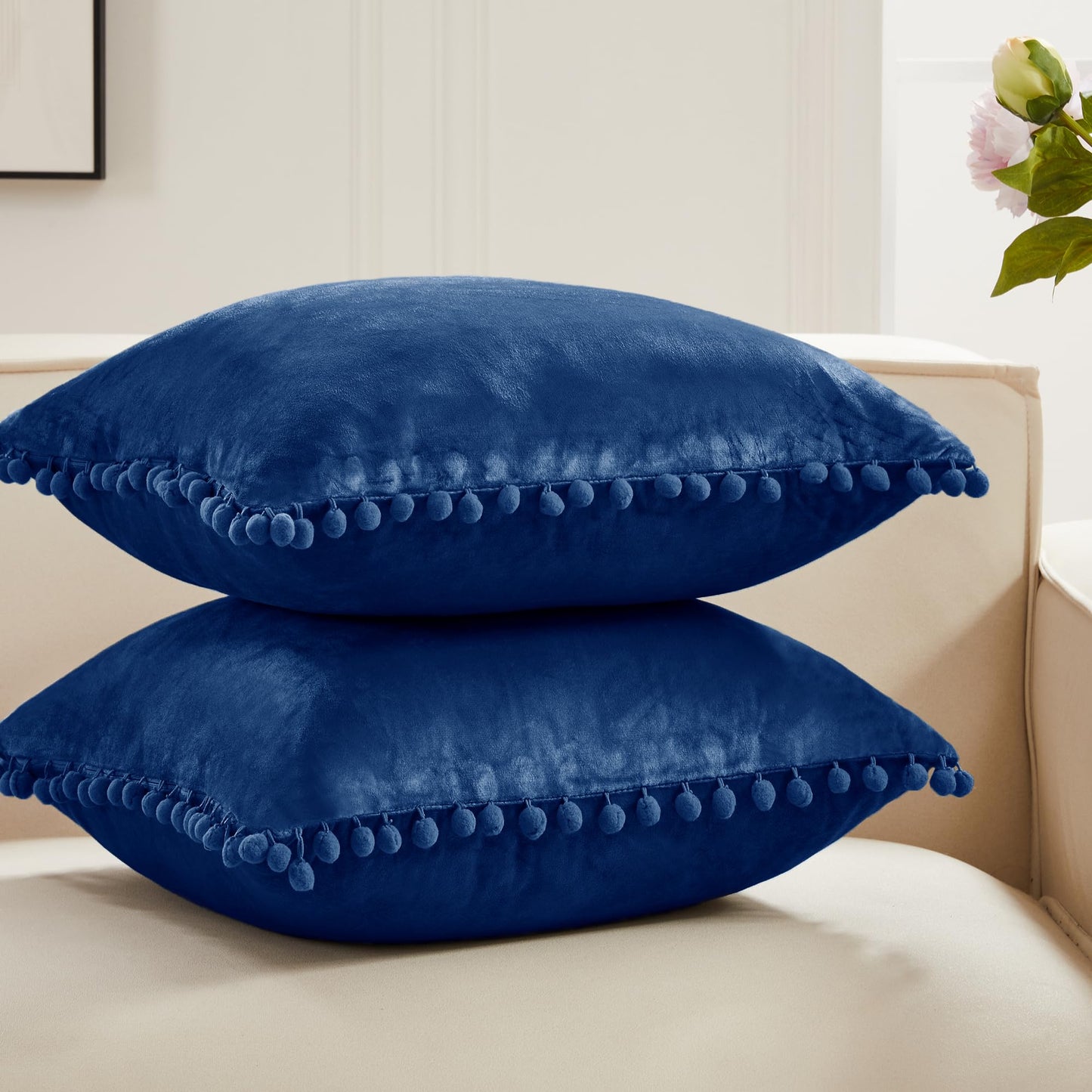 Deconovo Velvet Throw Pillow Covers, Set of 2, 22” x 22” Navy, Comfortable Square Pom-poms Soft Hidden Zipper Cover for Bedroom