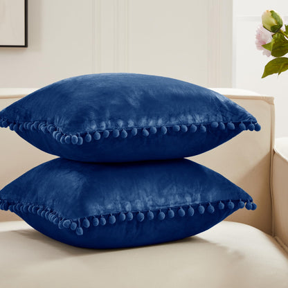 Deconovo Velvet Throw Pillow Covers, Set of 2, 22” x 22” Navy, Comfortable Square Pom-poms Soft Hidden Zipper Cover for Bedroom