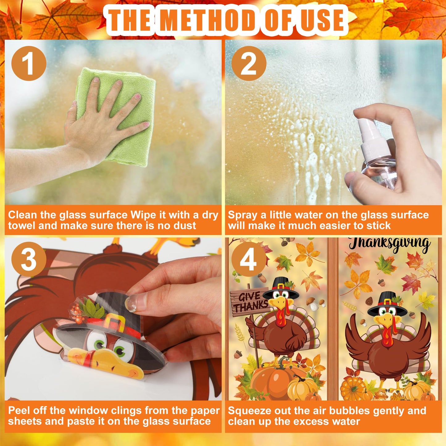 9 Sheets Thanksgiving Window Clings Double Sided Turkey Window Decals Pumpkin Fall Leaves Windows Decal Stickers for Thanksgiving Fall Autumn Glass Home Classroom Office Decor