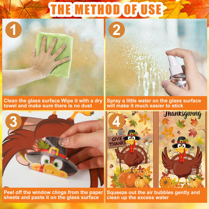 9 Sheets Thanksgiving Window Clings Double Sided Turkey Window Decals Pumpkin Fall Leaves Windows Decal Stickers for Thanksgiving Fall Autumn Glass Home Classroom Office Decor