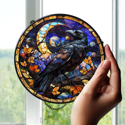 FIVITY 7.8'' Dark Crow Suncatcher Stained Glass Window Hanging Creepy Raven Ornament Wall Home Room Kitchen Decor Gothic Sun Catcher Gifts for Teens Adults Birthday Halloween Christmas Fall Holiday
