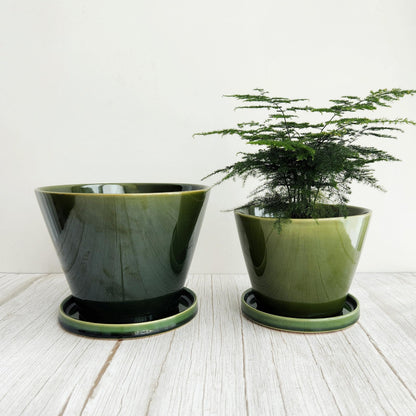 Wavy Studio Glazed Gradient Color Ceramic Planter with Drainage Hole & Saucer for Indoor Tropical Plants, Green Reactive Glaze Plant Pot (Emerald Green, 6")