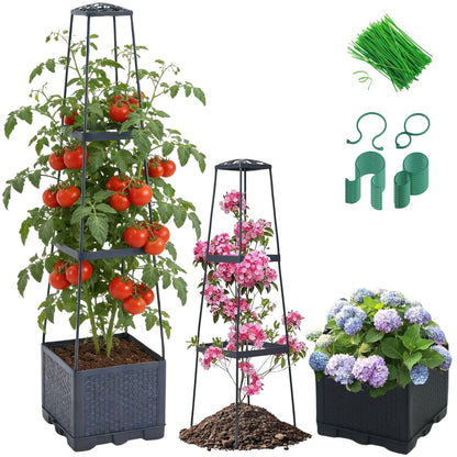 Lancisism Raised Garden Bed Tomato Planter with Trellis - 45" Self Watering Planters Box with Trapezoidal Trellis for Climbing Plants Vegetables Flowers - Tomato Cages for Greenhouse Indoor Outdoor